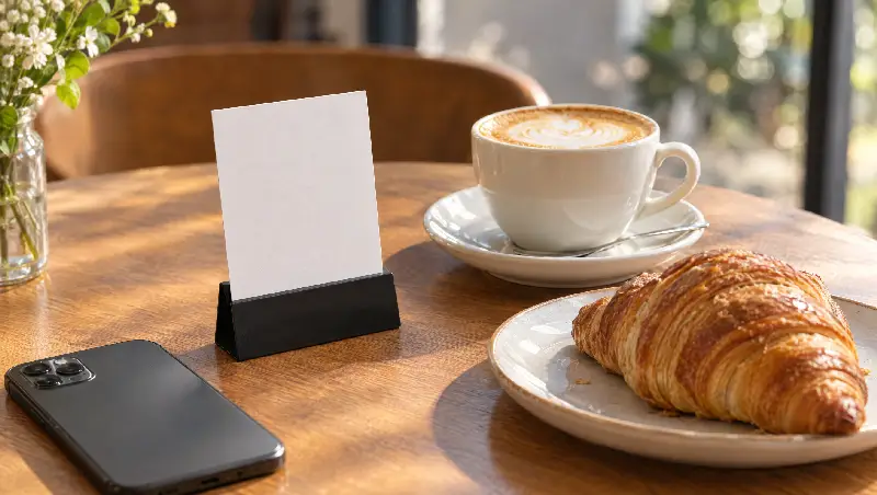 A review card stand on a café table beside a cappuccino and a croissant