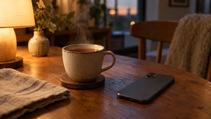 A cup of tea next to a phone lying face down on a table