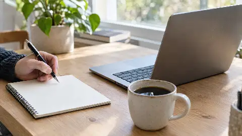A hand with a pen over a notepad next to a laptop