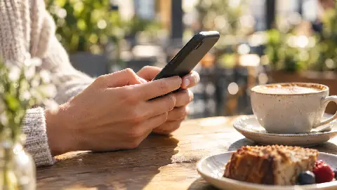 Hands typing a reply on a phone at a café table