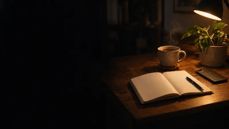A desk at night with an open notebook, a cup of tea and a phone